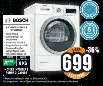 Unieuro Serie 8 wtw87568ii asciugatrice libera installazione caricamento frontale bianco 8 kg a+++ offerta