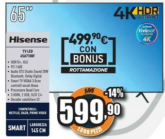 Unieuro A7100f 65a7100f tv 163,8 cm (64.5") 4k ultra hd smart tv wi-fi nero offerta