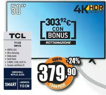 Unieuro Tcl 50p610 tv 127 cm (50") 4k ultra hd smart tv wi-fi nero offerta