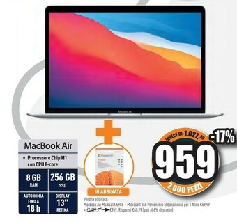 Unieuro Macbook air 13" (chip m1 con gpu 7-core, 256gb ssd, 8gb ram) - oro (2020) offerta