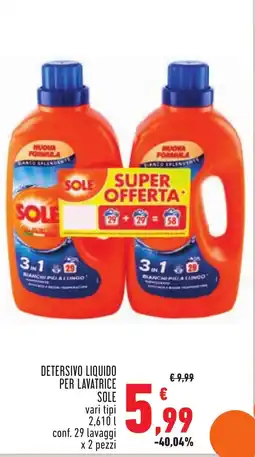 Conad DETERSIVO LIQUIDO PER LAVATRICE SOLE vari tipi 2,610 l conf. 29 lavaggi x 2 pezzi offerta