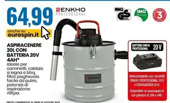 Eurospin Enkho aspiracenere con batteria offerta