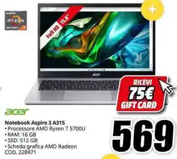 MediaWorld acer Notebook Aspire 3 A315 offerta