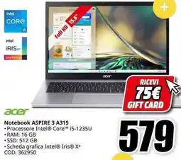 MediaWorld acer Notebook ASPIRE 3 A315 offerta