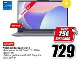 MediaWorld Lenovo Notebook Ideapad Slim 3 offerta
