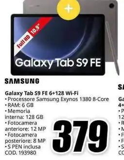 MediaWorld SAMSUNG Galaxy Tab S9 FE 6+128 Wi-Fi offerta