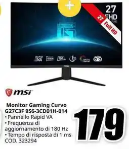 MediaWorld msi Monitor Gaming Curvo G27C3F 956-3CD01H-014 offerta