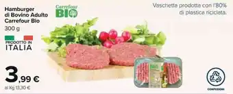 Carrefour Carrefour Bio Hamburger di Bovino Adulto 300g offerta