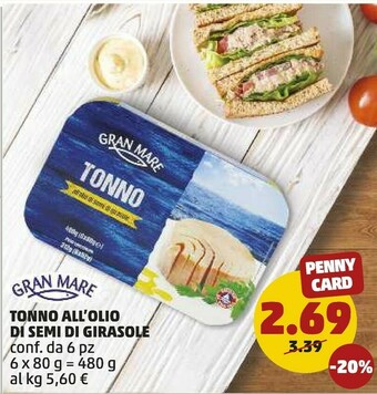 PENNY Tonno all'olio di semi di girasole 6 x 80 = 480 g offerta