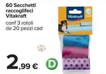 Carrefour Vitakraft 60 Sacchetti raccoglifeci 3 rotoli 20 pezzi offerta