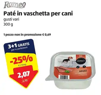 ALDI Romeo Paté in Vaschetta per cani gusti vari 300 g offerta