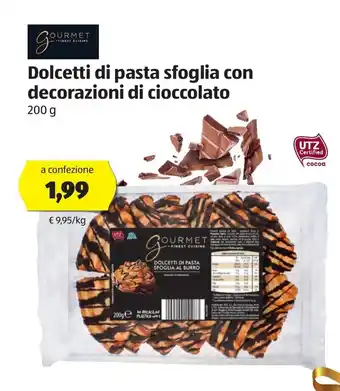 ALDI Gourmet Finest Cuisine Dolcetti di Pasta Sfoglia Con Decorazioni di Cioccolato 200 g offerta