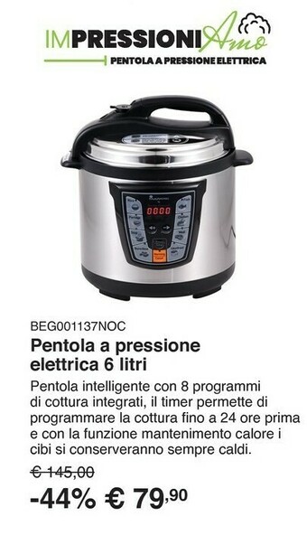 Kasanova Pentola a pressione elettrica masterpro by carlo cracco, 6 litri offerta