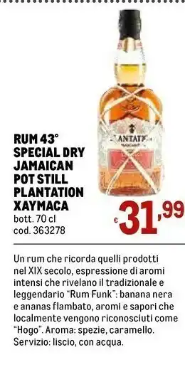 Metro Plantation xaymaca rum 43 special dry jamaican pot still offerta