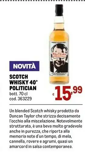 Metro Politician scotch whisky 40 offerta