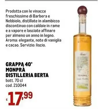 Metro Monpra distilleria berta grappa 700 ml offerta