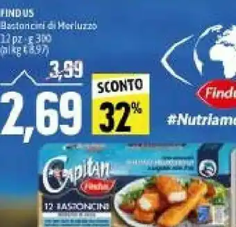 Emi Supermercati Findus - 12 bastoncini con 100% filetti di merluzzo 300 g(ml) offerta