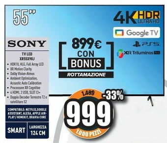 Unieuro Bravia xr55x90j smart tv 55 pollici, full array, 4k ultra hd led, hdr, con google tv (nero, modello 2021) offerta