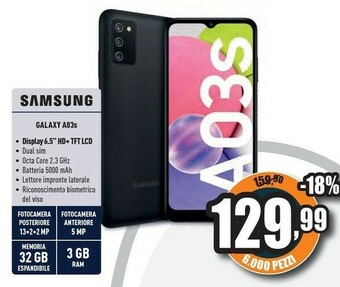 Unieuro Galaxy a03s 5.000mah display 6.5” hd+ tft lcd 32gb blue offerta