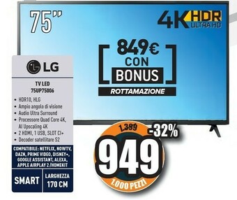 Unieuro 75up75006lc tv 190,5 cm (75") 4k ultra hd smart tv wi-fi nero offerta