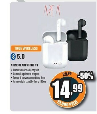 Unieuro Area tws stone c1 cuffia auricolare bluetooth base di ricarica nero offerta