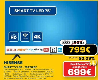Euronics Smart tv led 75a7120f offerta