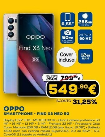 Euronics Find x3 neo 16,6 cm (6.55") doppia sim coloros 11.1 5g usb tipo-c 12 gb 256 gb 4500 mah argento offerta