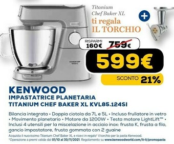 Euronics Impastatrice planetaria titanium chef baker xl kvl85.124si offerta