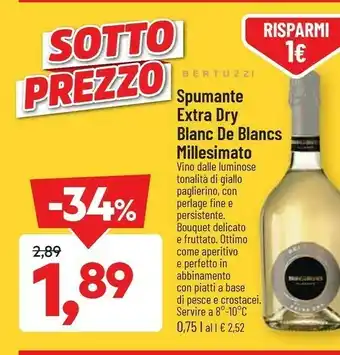 DPiù Bertuzzi spumante extra dry blanc de blancs millesimato offerta