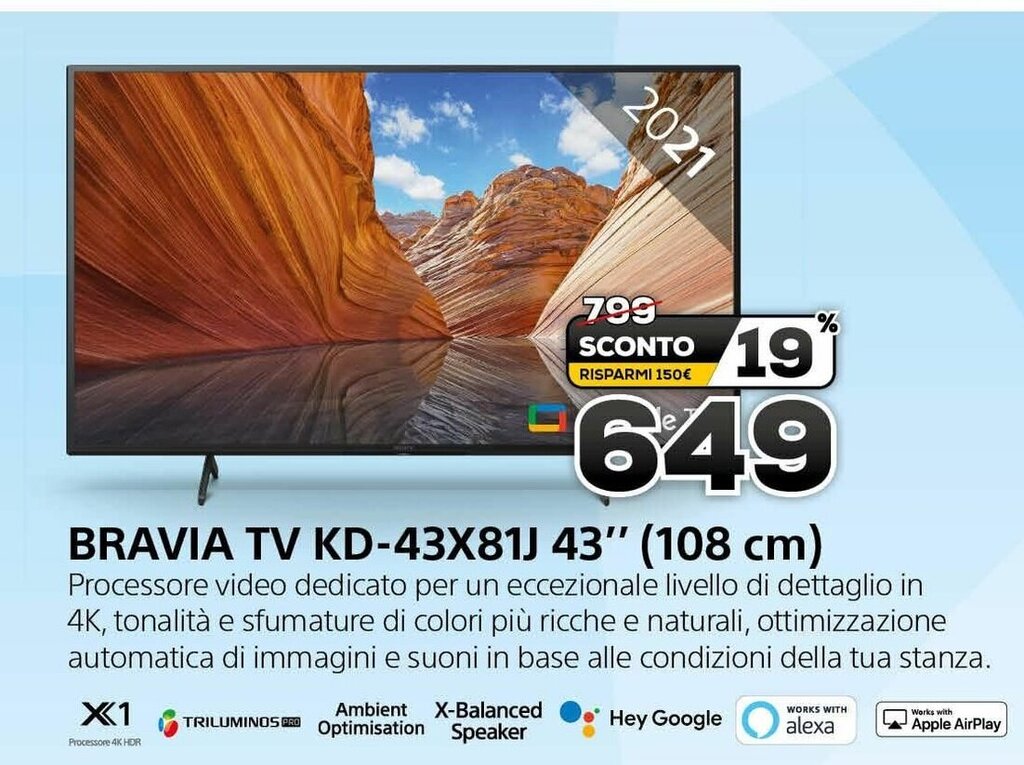 Sony Bravia TV KD43X81J 43" (108 cm) offerta di Euronics