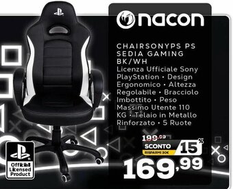 Euronics Nacon Chairsonyps PS Sedia Gaming BK/WH offerta
