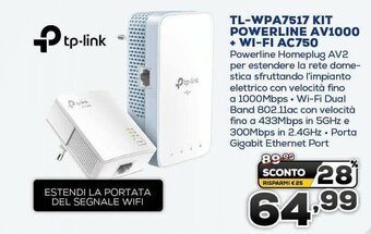 Euronics tp-link TL-WPA7517 Kit Powerline AV1000+Wi-fi AC750 offerta