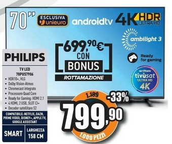 Unieuro 70pus7906 177,8 cm (70") 4k ultra hd smart tv wi-fi antracite offerta