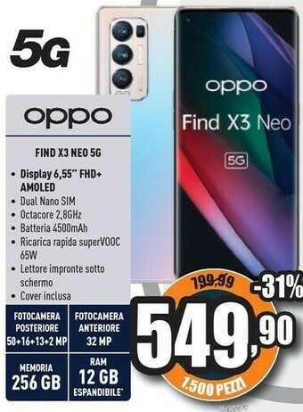 Unieuro Find x3 neo smartphone 5g, qualcomm865, display 6.55''fhd+amoled, 4 fotocamere 50mp, ram 12gb espandibile fino a 19gb+rom 256 offerta