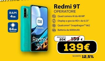 Euronics Redmi 9t 16,6 cm (6.53") doppia sim android 10.0 4g usb tipo-c 4 gb 64 gb 6000 mah blu offerta