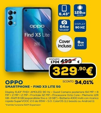 Euronics Find x3 lite 16,3 cm (6.4") doppia sim coloros 11.1 5g usb tipo-c 8 gb 128 gb 4300 mah blu offerta