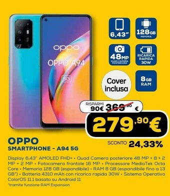 Euronics A94 5g a94 16,3 cm (6.43") doppia sim coloros 11.1 usb tipo-c 8 gb 128 gb 4310 mah blu offerta