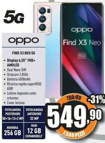 Unieuro Find x3 neo smartphone 5g, qualcomm865, display 6.55''fhd+amoled, 4 fotocamere 50mp, ram 12gb espandibile fino a 19gb+rom 256 offerta
