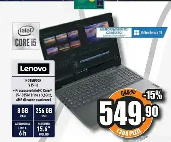Unieuro V v15 computer portatile 39,6 cm (15.6") full hd amd ryzen 3 8 gb ddr4-sdram 512 gb ssd wi-fi 5 (802.11ac) windows 10 home gr offerta