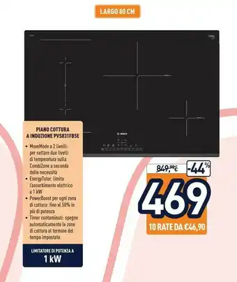Unieuro Bosch serie 6 pvs831fb5e piano cottura nero da incasso 80 cm a induzione 4 fornello(i) offerta