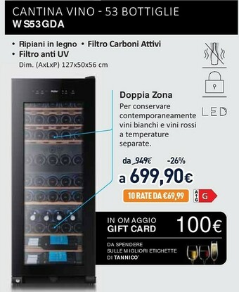 Unieuro Wine bank 50 serie 3 ws53gda(uk) cantinetta vino con compressore libera installazione nero 53 bottiglia/bottiglie offerta
