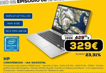 Euronics Chromebook 14a-na0037nl 35,6 cm (14") full hd intel® celeron® 8 gb lpddr4-sdram 128 gb emmc wi-fi 5 (802.11ac) chrome os arge offerta