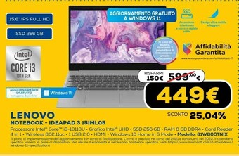 Euronics Ideapad 3 15iml05 computer portatile 39,6 cm (15.6") full hd intel® core™ i3 di decima generazione 8 gb ddr4-sdram 512 gb ssd offerta