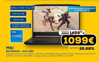 Euronics Gaming gf66 11uc-089it katana computer portatile 39,6 cm (15.6") intel® core™ i7 di undicesima generazione 8 gb ddr4-sdram 51 offerta