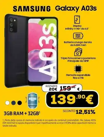 Euronics Galaxy a03s 5.000mah display 6.5” hd+ tft lcd 32gb black offerta