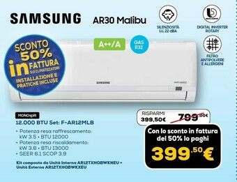 Euronics Malibu (ar30) malibu (ar30) ar12txhqbwkneu + ar12txhqbwkxeu malibu condizionatore mono split system bianco 12000 btu offerta