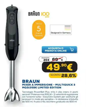 Euronics Braun Mixer A Immersione - Multiquick 3 MQ3135BK Limited Edition offerta