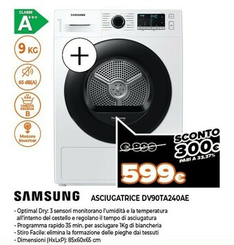 Expert Dv90ta240ae asciugatrice libera installazione caricamento frontale 9 kg a+++ bianco offerta