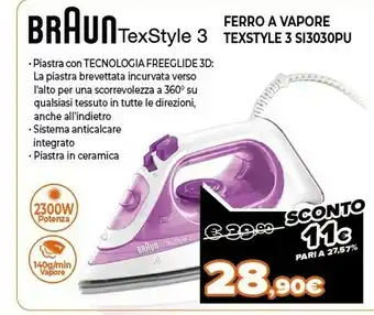 Expert Braun texstyle 3 si 3030 ferro da stiro a secco e a vapore ceramic ultra glide soleplate 2300 w rosa offerta