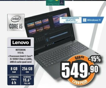 Unieuro V v15 computer portatile 39,6 cm (15.6") full hd amd ryzen 3 8 gb ddr4-sdram 512 gb ssd wi-fi 5 (802.11ac) windows 10 home gr offerta